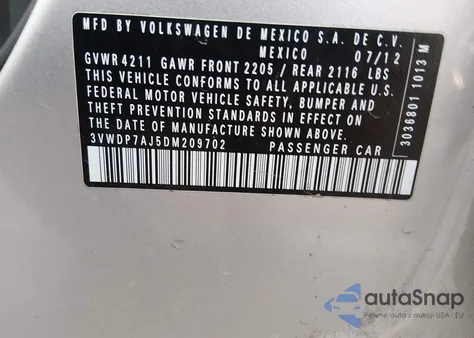 2013 Volkswagen Jetta Se из США, поврежденный, VIN 3VWDP7AJ5DM209702